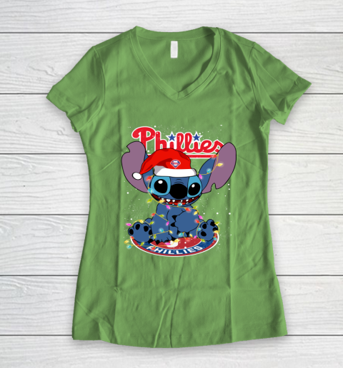 Philadelphia Phillies MLB noel stitch Baseball Christmas Women's V-Neck T-Shirt - Image 6