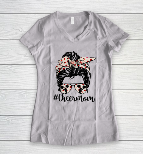 Cheer Mom Messy Bun Cheerleader Bleached Mothers Day Women's V-Neck T-Shirt