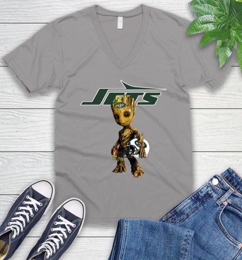 New York Jets NFL Football Groot Marvel Guardians Of The Galaxy V-Neck T-Shirt 4