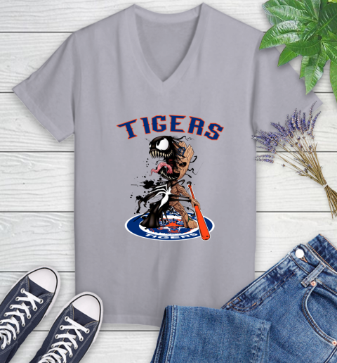MLB Detroit Tigers Baseball Venom Groot Guardians Of The Galaxy Women's V-Neck T-Shirt 4