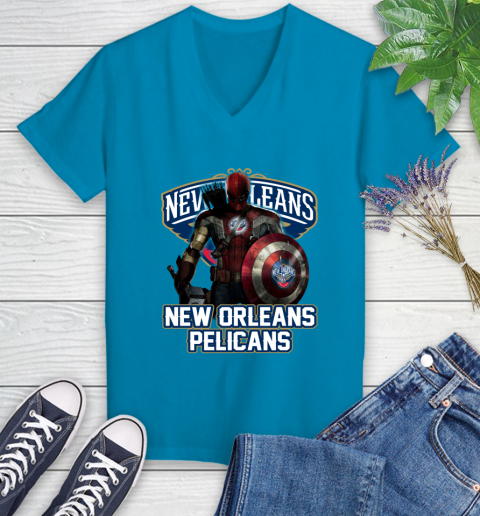New Orleans Pelicans NBA Basketball Captain America Thor Spider Man Hawkeye Avengers Women's V-Neck T-Shirt 7