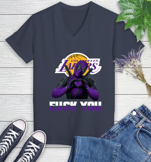 NBA Los Angeles Lakers Deadpool Love You Fuck You Basketball Women's V-Neck T-Shirt 12