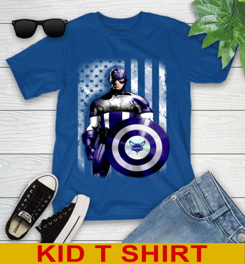 Charlotte Hornets NBA Basketball Captain America Marvel Avengers American Flag Shirt Youth T-Shirt 10