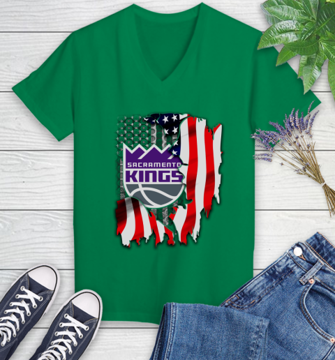 Sacramento Kings NBA Basketball American Flag Women's V-Neck T-Shirt 5