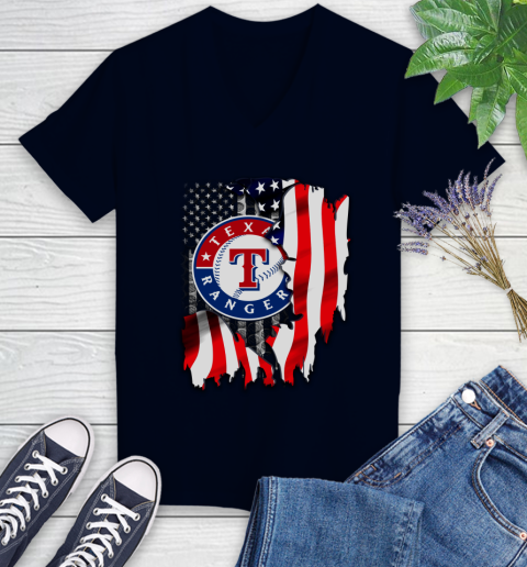 Texas Rangers MLB Baseball American Flag Women's V-Neck T-Shirt 2