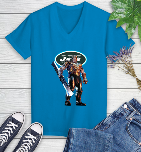 NFL Thanos Gauntlet Avengers Endgame Football New York Jets Women's V-Neck T-Shirt 7