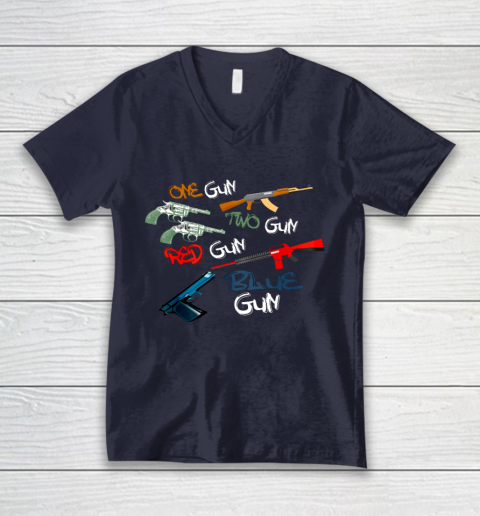 One Gun Two Gun Red Gun Blue Gun Funny V-Neck T-Shirt 2