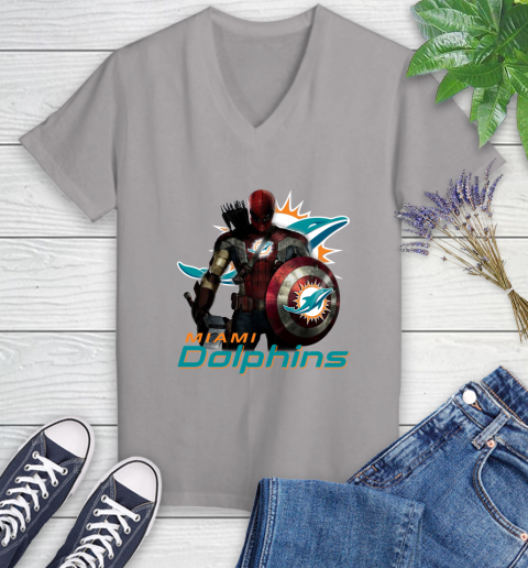 NFL Captain America Thor Spider Man Hawkeye Avengers Endgame Football Miami Dolphins Women's V-Neck T-Shirt 4