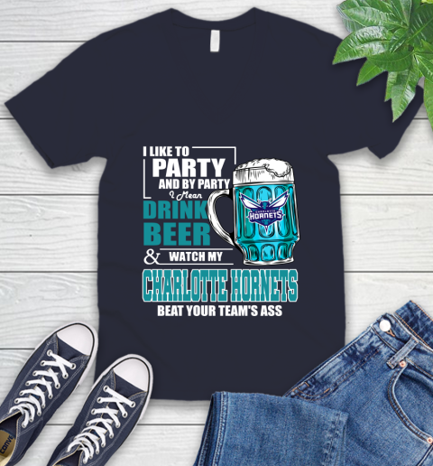 NBA Drink Beer and Watch My Charlotte Hornets Beat Your Team' Ass V-Neck T-Shirt 2