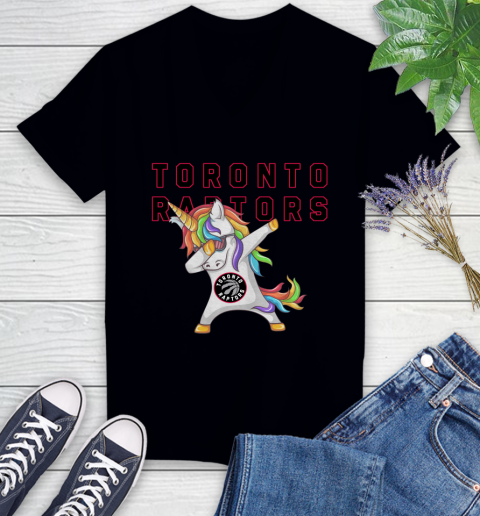 Toronto Raptors NBA Basketball Funny Unicorn Dabbing Sports Women's V-Neck T-Shirt 2