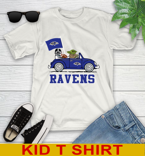 NFL Football Baltimore Ravens Darth Vader Baby Yoda Driving Star Wars Shirt Youth T-Shirt