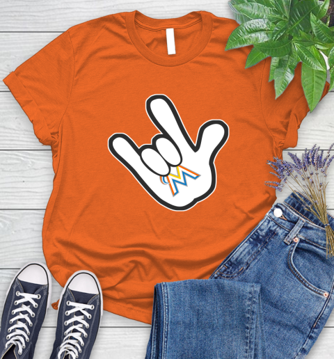 Miami Marlins MLB Baseball Mickey Rock Hand Disney Women's T-Shirt 4