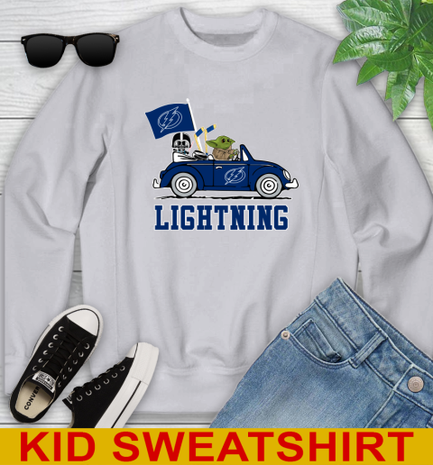 NHL Hockey Tampa Bay Lightning Darth Vader Baby Yoda Driving Star Wars Shirt Youth Sweatshirt 4