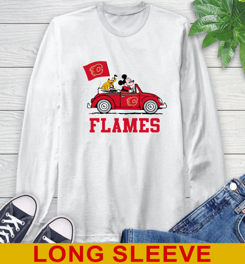 NHL Hockey Calgary Flames Pluto Mickey Driving Disney Shirt Long Sleeve T-Shirt