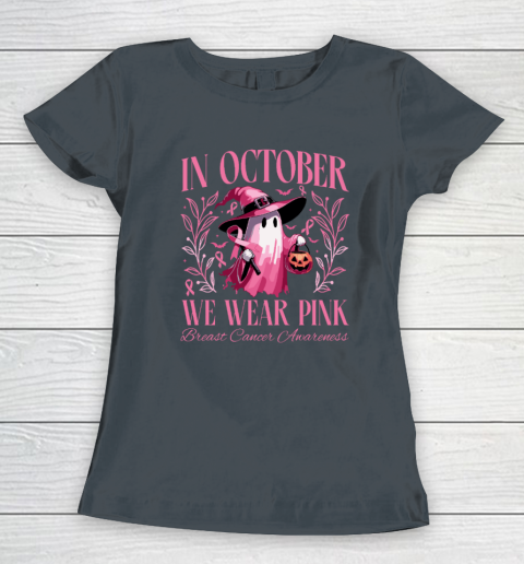 In October We Wear Pink Witch Ghost Pumpkin Breast Cancer Women's T-Shirt 3