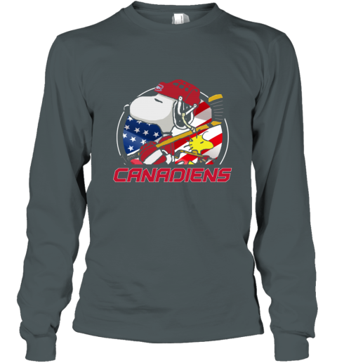 2qgl montreal canadienssnoopy and woodstock nhl long sleeve tee 14 front dark heather