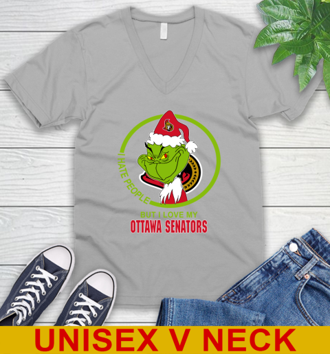 Ottawa Senators NHL Christmas Grinch I Hate People But I Love My Favorite Hockey Team V-Neck T-Shirt 4