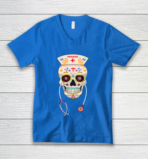 Nurse Sugar Skull Shirt Halloween Day Of The Dead Dia De Los V-Neck T-Shirt 5