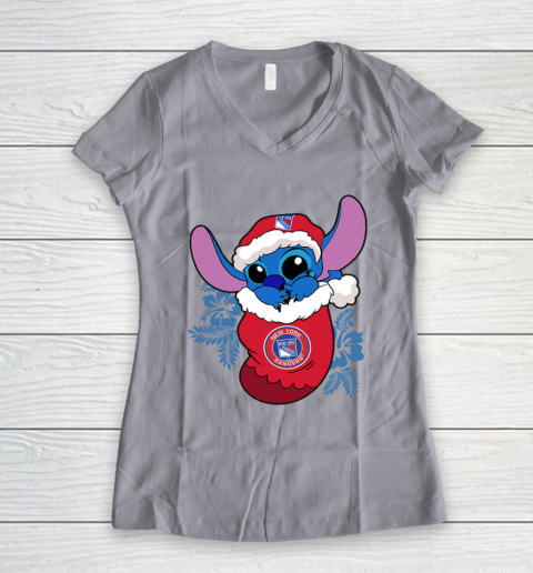 New York Rangers Christmas Stitch In The Sock Funny Disney NHL Women's V-Neck T-Shirt 4