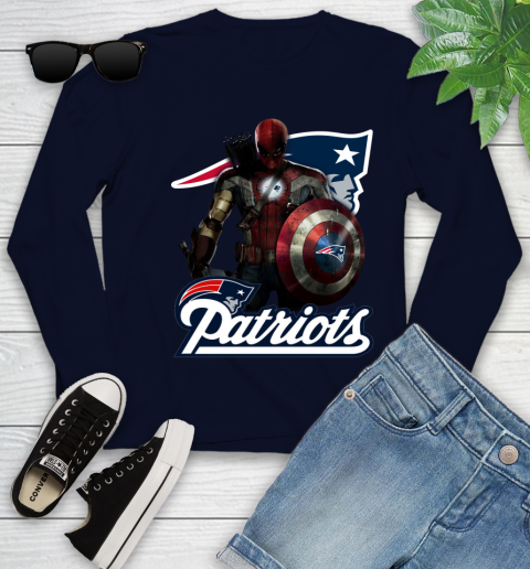 NFL Captain America Thor Spider Man Hawkeye Avengers Endgame Football New England Patriots Youth Long Sleeve 3