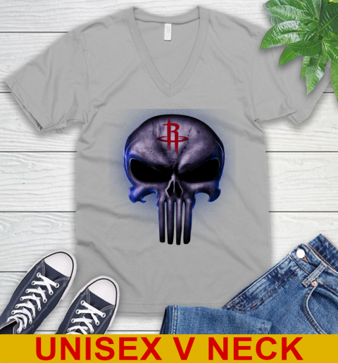 Houston Rockets NBA Basketball Punisher Skull Sports V-Neck T-Shirt 3