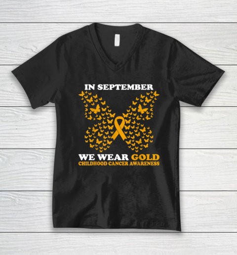 In September We Wear gold Childhood Cancer Awareness V-Neck T-Shirt
