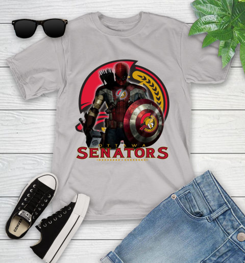 NHL Captain America Thor Spider Man Hawkeye Avengers Endgame Hockey Ottawa Senators Youth T-Shirt 12