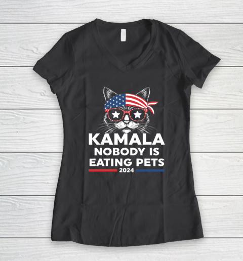 Harris Walz 2024  Nobody Is Eating Pets Women's V-Neck T-Shirt 4