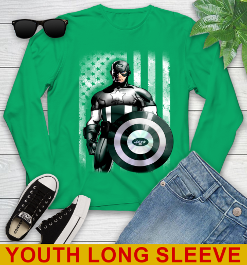 New York Jets NFL Football Captain America Marvel Avengers American Flag Shirt Youth Long Sleeve 7