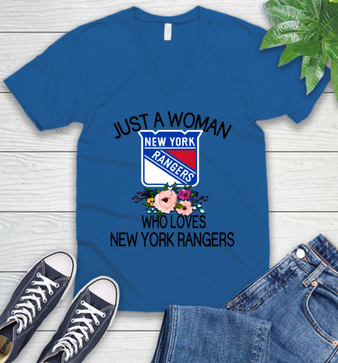 NHL Just A Woman Who Loves New York Rangers Hockey Sports V-Neck T-Shirt 3