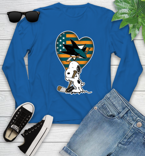 San Jose Sharks NHL Hockey The Peanuts Movie Adorable Snoopy Youth Long Sleeve 9