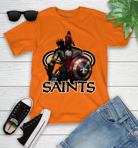NFL Captain America Thor Spider Man Hawkeye Avengers Endgame Football New Orleans Saints Youth T-Shirt 7