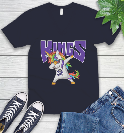 Sacramento Kings NBA Basketball Funny Unicorn Dabbing Sports V-Neck T-Shirt 3