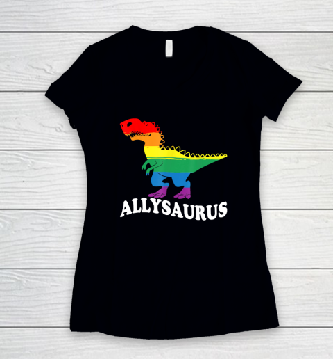 Allysaurus Dinosaur Rainbow Flag For Ally LGBT Pride Women's V-Neck T-Shirt