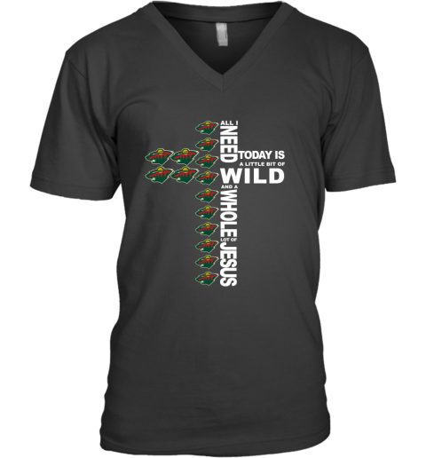 NHL All I Need Today Is A Little Bit Of Minnesota Wild And A Whole Lot Of Jesus Hockey XtEOOW5TkpG v neck unisex 8 95 151514 front black