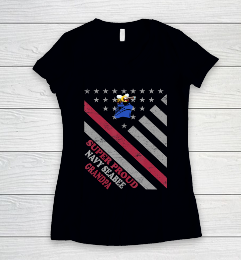 GrandFather gift shirt Vintage Flag Veteran Super Proud Navy Seabee Grandpa T Shirt Women's V-Neck T-Shirt