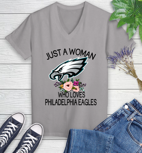 NFL Just A Woman Who Loves Philadelphia Eagles Football Sports Women's V-Neck T-Shirt 2