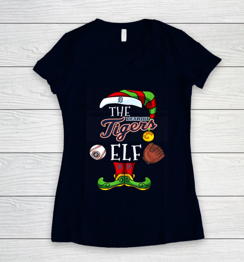 Detroit Tigers Christmas ELF Funny MLB Women's V-Neck T-Shirt 2