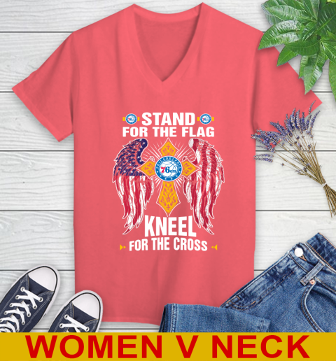 NBA Basketball Philadelphia 76ers Stand For Flag Kneel For The Cross Shirt Women's V-Neck T-Shirt - Image 7