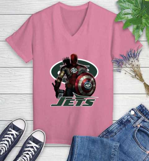 NFL Captain America Thor Spider Man Hawkeye Avengers Endgame Football New York Jets Women's V-Neck T-Shirt 13