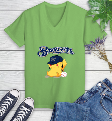 MLB Pikachu Baseball Sports Milwaukee Brewers Women's V-Neck T-Shirt 11