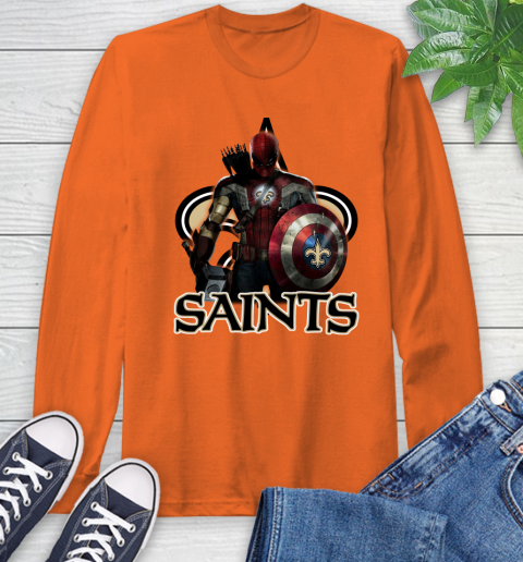 NFL Captain America Thor Spider Man Hawkeye Avengers Endgame Football New Orleans Saints Long Sleeve T-Shirt 5