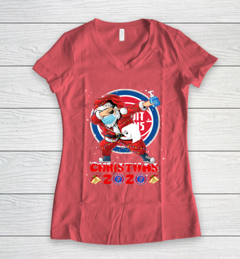 Detroit Pistons Funny Santa Claus Dabbing Christmas 2020 NBA Women's V-Neck T-Shirt 4