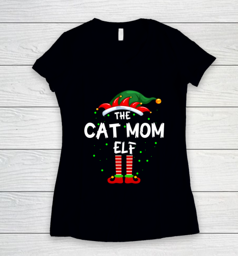 The Cat Mom Elf Family Matching Group Funny Christmas Pajama Women's V-Neck T-Shirt