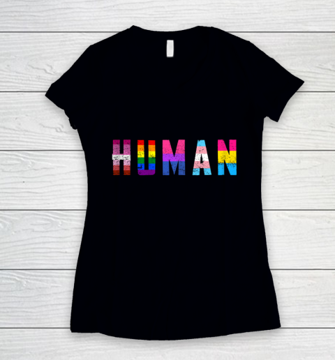 HUMAN Flag LGBT Gay Pride Month Transgender Women's V-Neck T-Shirt
