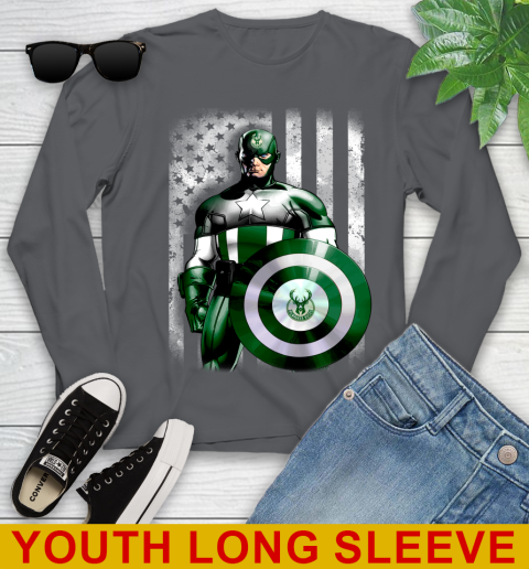Milwaukee Bucks NBA Basketball Captain America Marvel Avengers American Flag Shirt Youth Long Sleeve 9