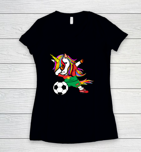 Dabbing Unicorn Burkina Faso Football Burkinabe Flag Soccer Women's V-Neck T-Shirt
