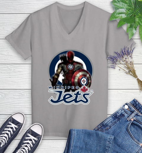 NHL Captain America Thor Spider Man Hawkeye Avengers Endgame Hockey Winnipeg Jets Women's V-Neck T-Shirt 4