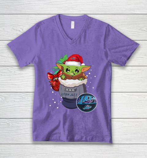 Utah Jazz Christmas Baby Yoda Star Wars Funny Happy NBA V-Neck T-Shirt 9