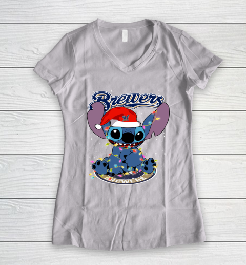 Milwaukee Brewers MLB noel stitch Baseball Christmas Women's V-Neck T-Shirt